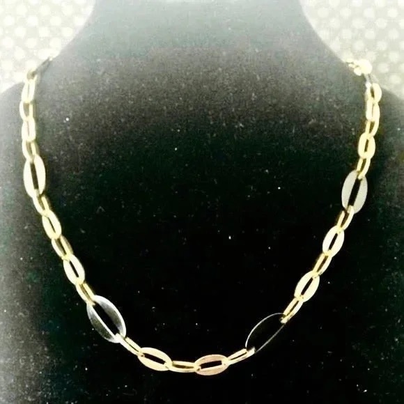 YELLOW GOLD PLATED STAINLESS STEEL BLACK CERAMIC NECKLACE PAPERCLIP CHUNKY CHAIN - Picture 5 of 9